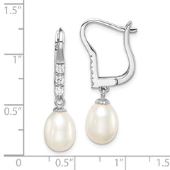 Sterling Silver Rhodium-plated 7-8mm Rice FWC Pearl CZ Dangle Earrings