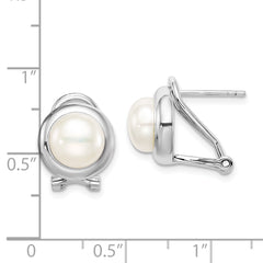 Sterling Silver Rhodium-plated 8-9mm White Button Freshwater Cultured Pearl Omega Back Earrings