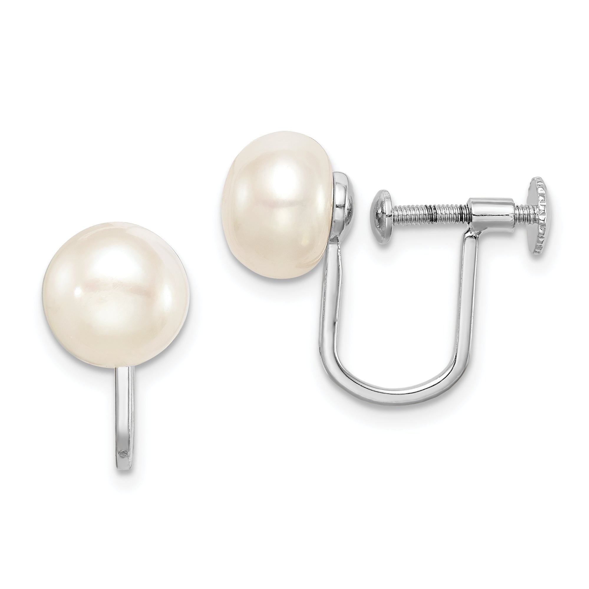 Sterling Silver Rhodium-plated 8-9mm White Button Freshwater Cultured Pearl Non Pierced Earrings