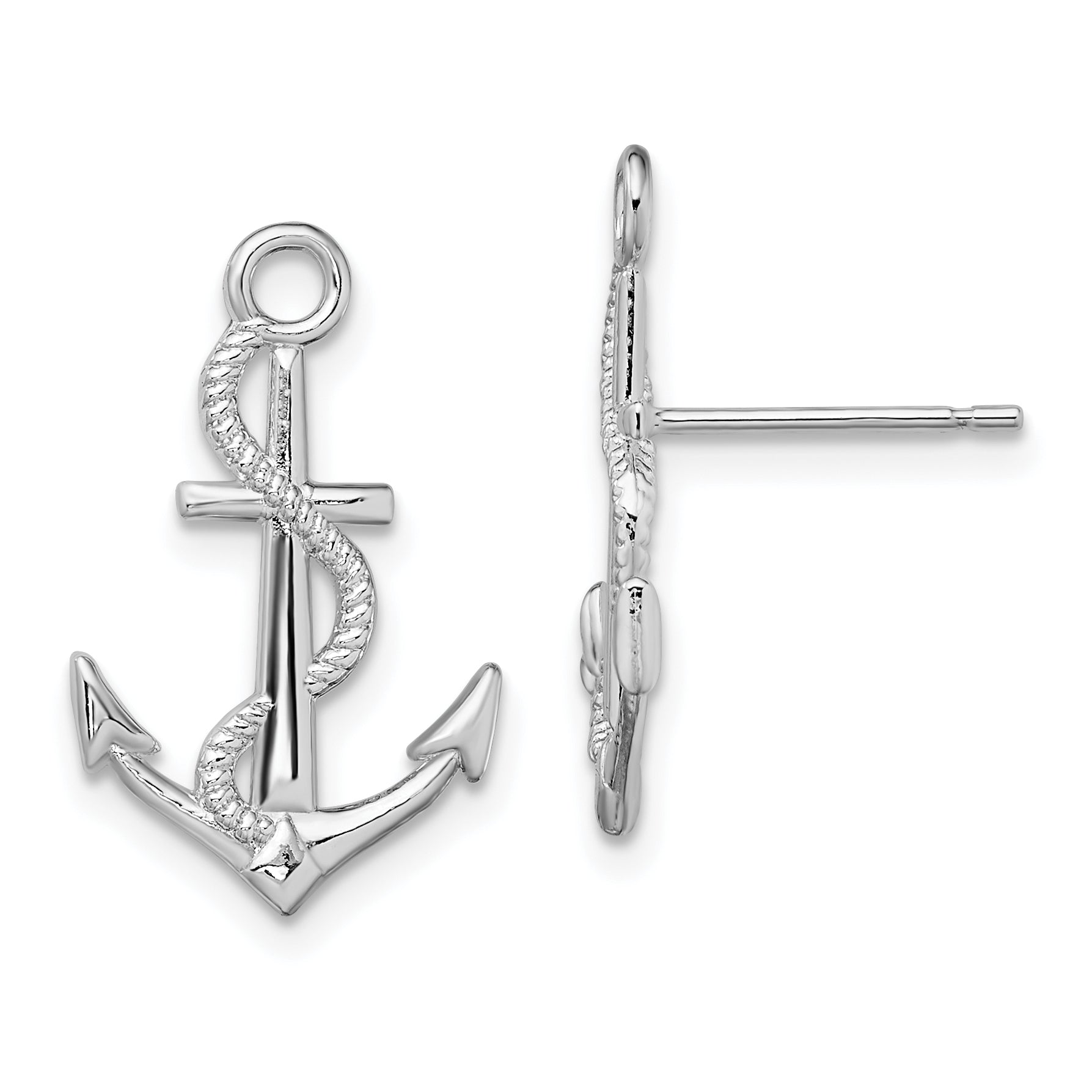 De-Ani Sterling Silver Rhodium-Plated Polished Anchor with Rope Post Earrings