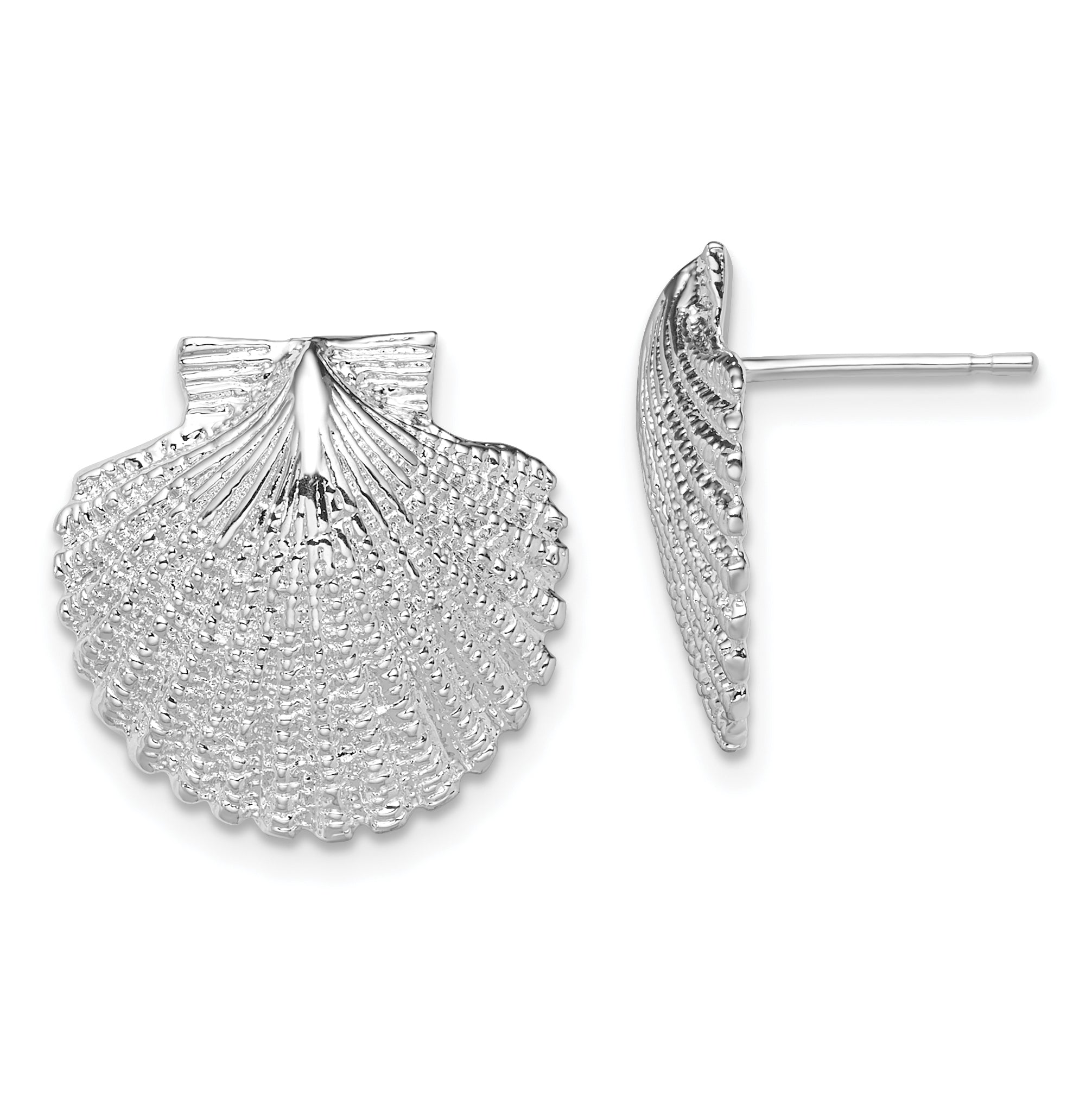 De-Ani Sterling Silver Rhodium-Plated Polished Large Scallop Shell Post Earrings
