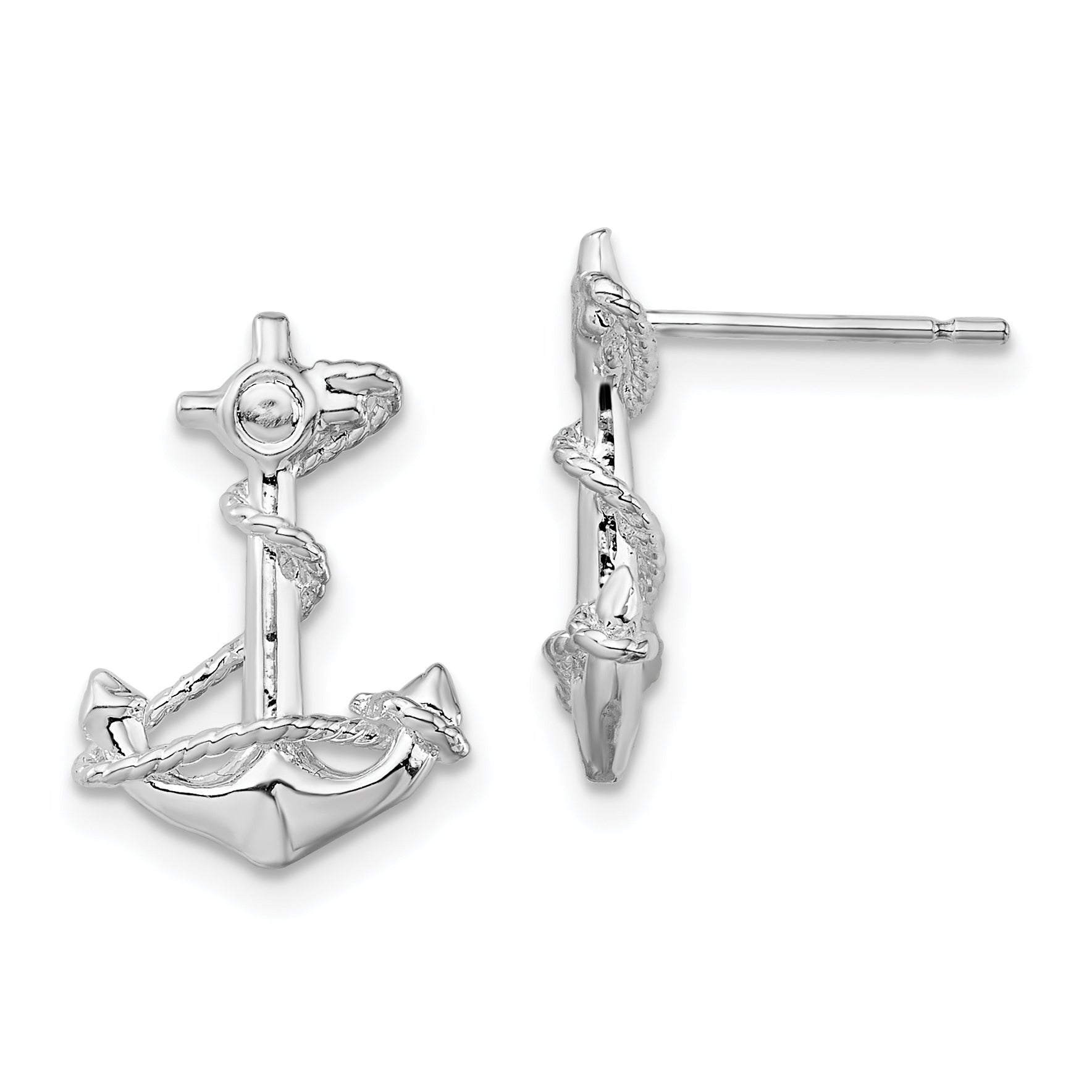 De-Ani Sterling Silver Rhodium-Plated Polished Anchor with Rope Post Earrings