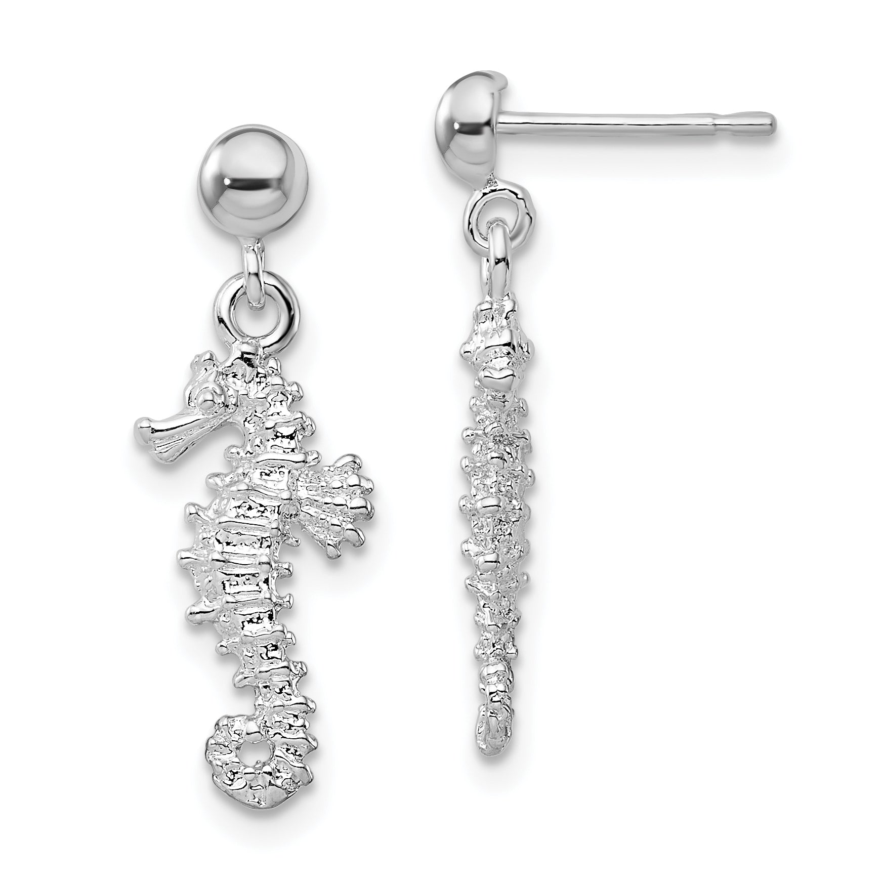 De-Ani Sterling Silver Rhodium-Plated Polished 3D Seahorse Dangle Post Earrings