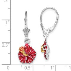 De-Ani Sterling Silver Rhodium-Plated Enameled Red Hibiscus Leverback Earrings