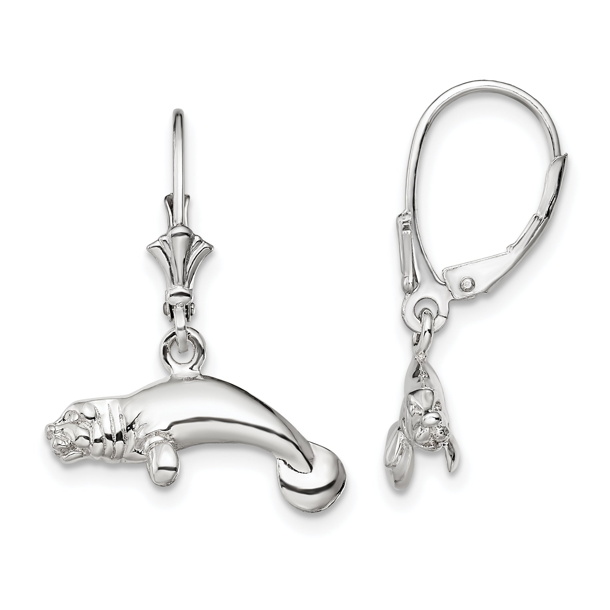 De-Ani Sterling Silver Rhodium-Plated Polished 3D Manatee Leverback Earrings