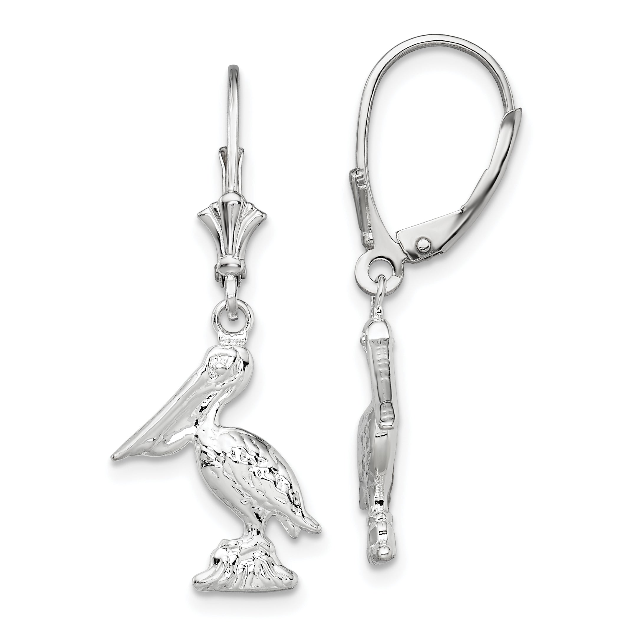 De-Ani Sterling Silver Rhodium-plated Polished 3D Small Pelican Leverback Earrings