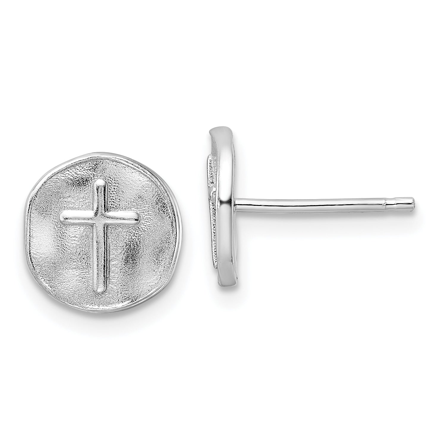 Sterling Silver Rhodium-plated Cross in Satin Circle Post Earrings