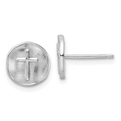 Sterling Silver Rhodium-plated Cross in Satin Circle Post Earrings