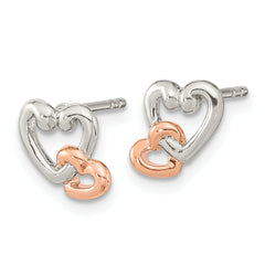 Sterling Silver Rhodium/Rose Gold-plated Polish Double Heart Post Earrings