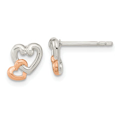 Sterling Silver Rhodium/Rose Gold-plated Polish Double Heart Post Earrings