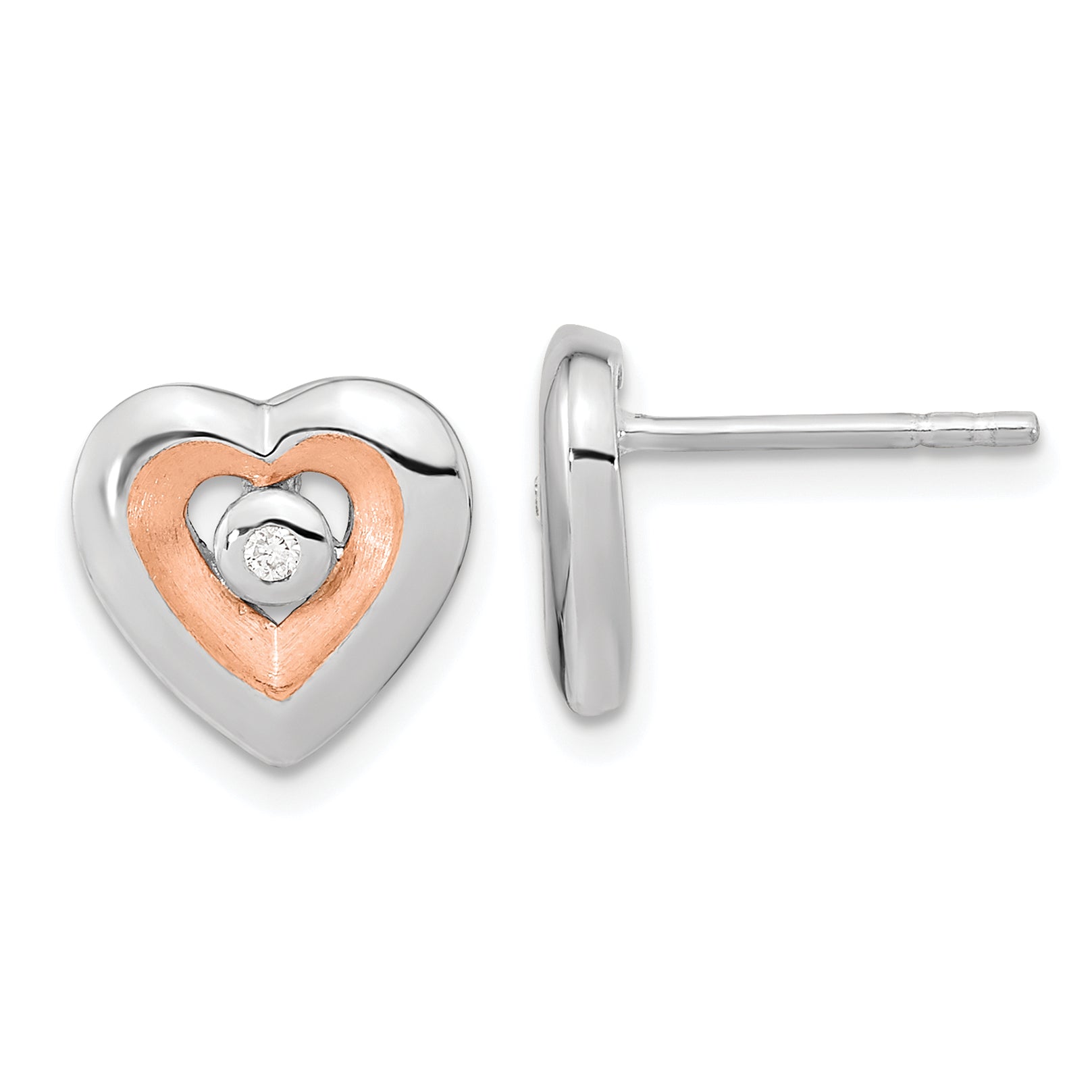 Sterling Silver RH-plated & Rose Gold-plated Diamond Heart Post Earrings