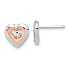 Sterling Silver RH-plated & Rose Gold-plated Diamond Heart Post Earrings