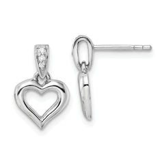 Sterling Silver RH Polished CZ Heart Post Dangle Earrings