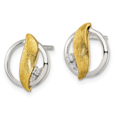 Sterling Silver Rh-pltd Gold-tone Polished/Brushed CZ Circle Post Earrings