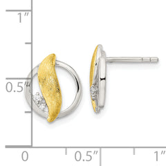 Sterling Silver Rh-pltd Gold-tone Polished/Brushed CZ Circle Post Earrings
