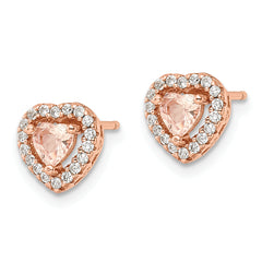 Sterling Silver Rose-tone Polished Pink & White CZ Heart Post Earrings
