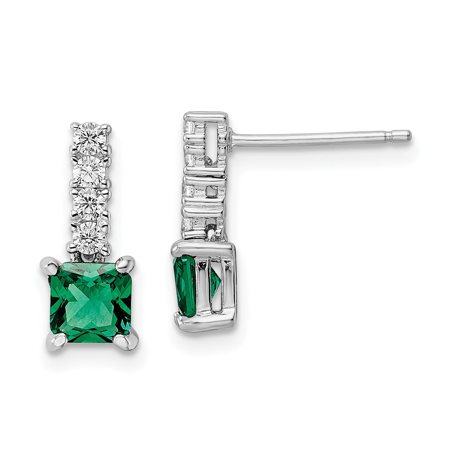 Sterling Silver Polished Rhodium-plated Green/Clear CZ Post Dangle Earrings