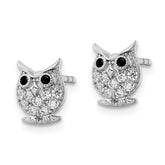 Sterling Silver Rhodium-plated Black & White CZ Owl Post Earrings