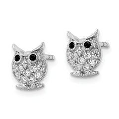 Sterling Silver Rhodium-plated Black & White CZ Owl Post Earrings