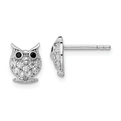 Sterling Silver Rhodium-plated Black & White CZ Owl Post Earrings