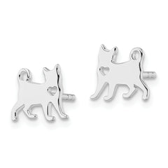 Sterling Silver Rhodium-plated Cat w/Heart Post Earrings