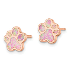 Sterling Silver Rose-tone Created Opal Inlay Pawprint Post Earrings