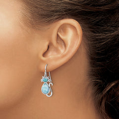Sterling Silver Rhodium-plated Polished Larimar Cat Dangle Earrings