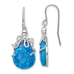 Sterling Silver Rhodium-plated Blue Lab Created Opal Octopus Dangle Earrings
