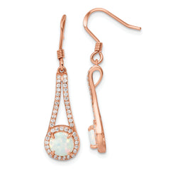 Sterling Silver Rose-tone Polished CZ & White Created Opal Dangle Earrings