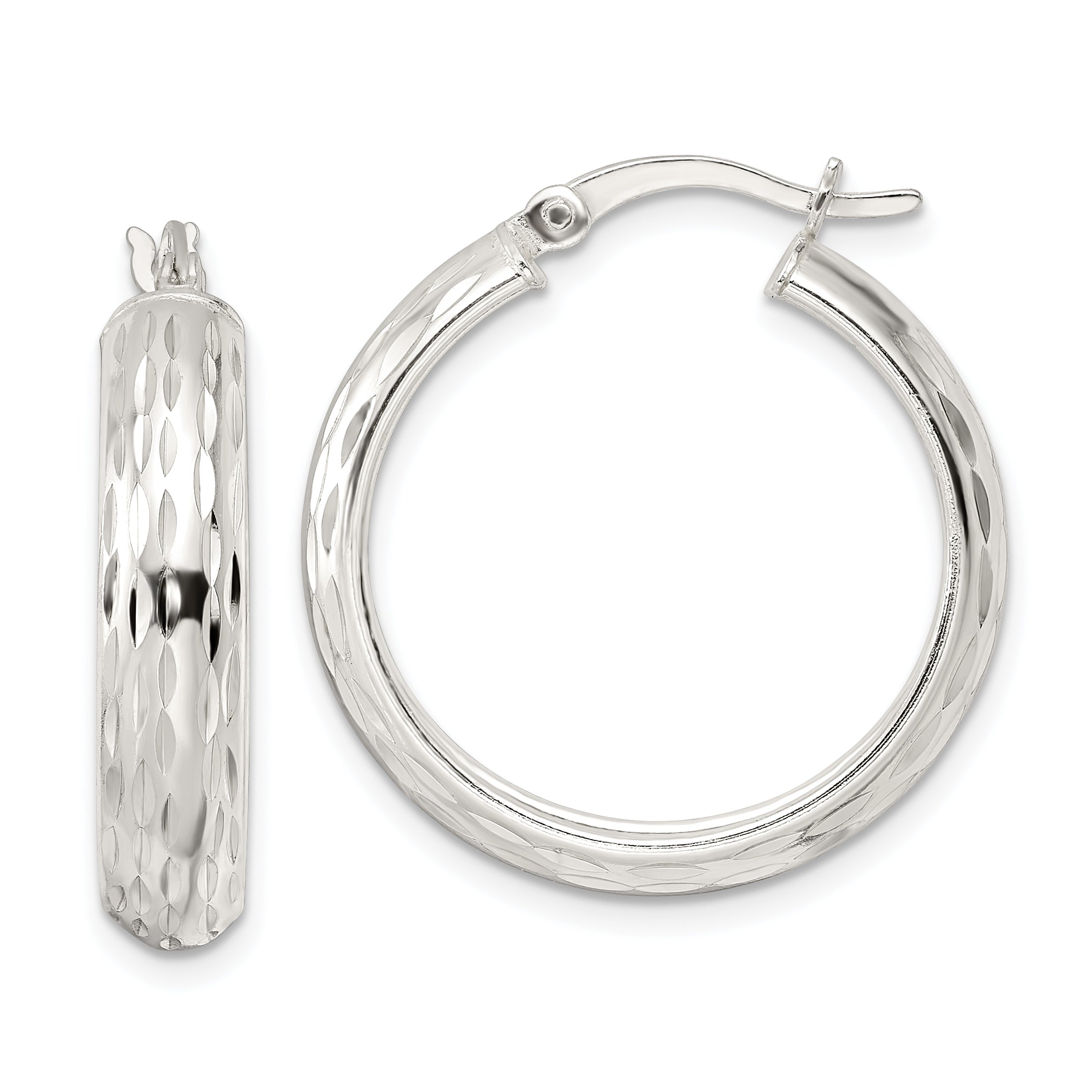 Sterling Silver Polished Diamond-cut 5x25mm Hoop Earrings