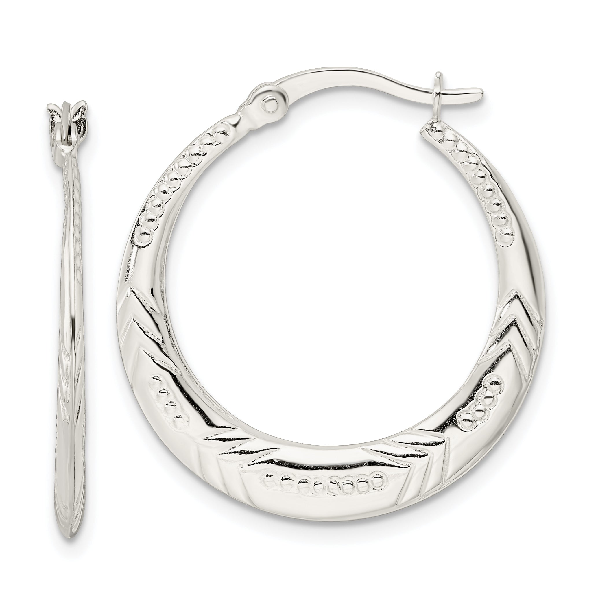 Sterling Silver Polished & Textured Knife Edge Round Hoop Earrings