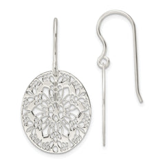 Sterling Silver Polished Floral Oval Dangle Earrings
