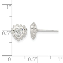 Sterling Silver Polished & Beaded Edge Heart CZ Post Earrings