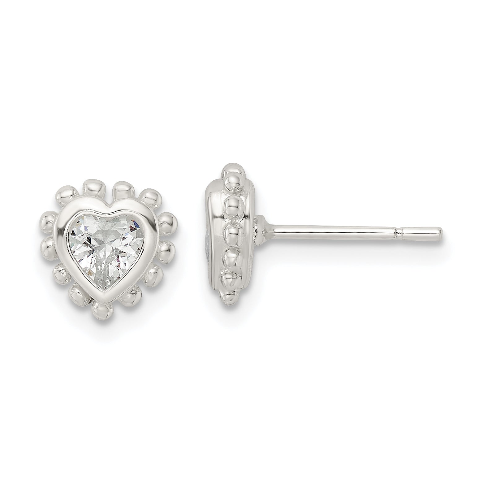 Sterling Silver Polished & Beaded Edge Heart CZ Post Earrings