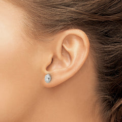 Sterling Silver Polished & Beaded Edge Oval CZ Post Earrings