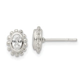 Sterling Silver Polished & Beaded Edge Oval CZ Post Earrings