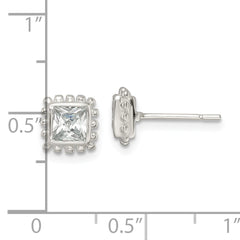 Sterling Silver Polished & Beaded Edge Square CZ Post Earrings