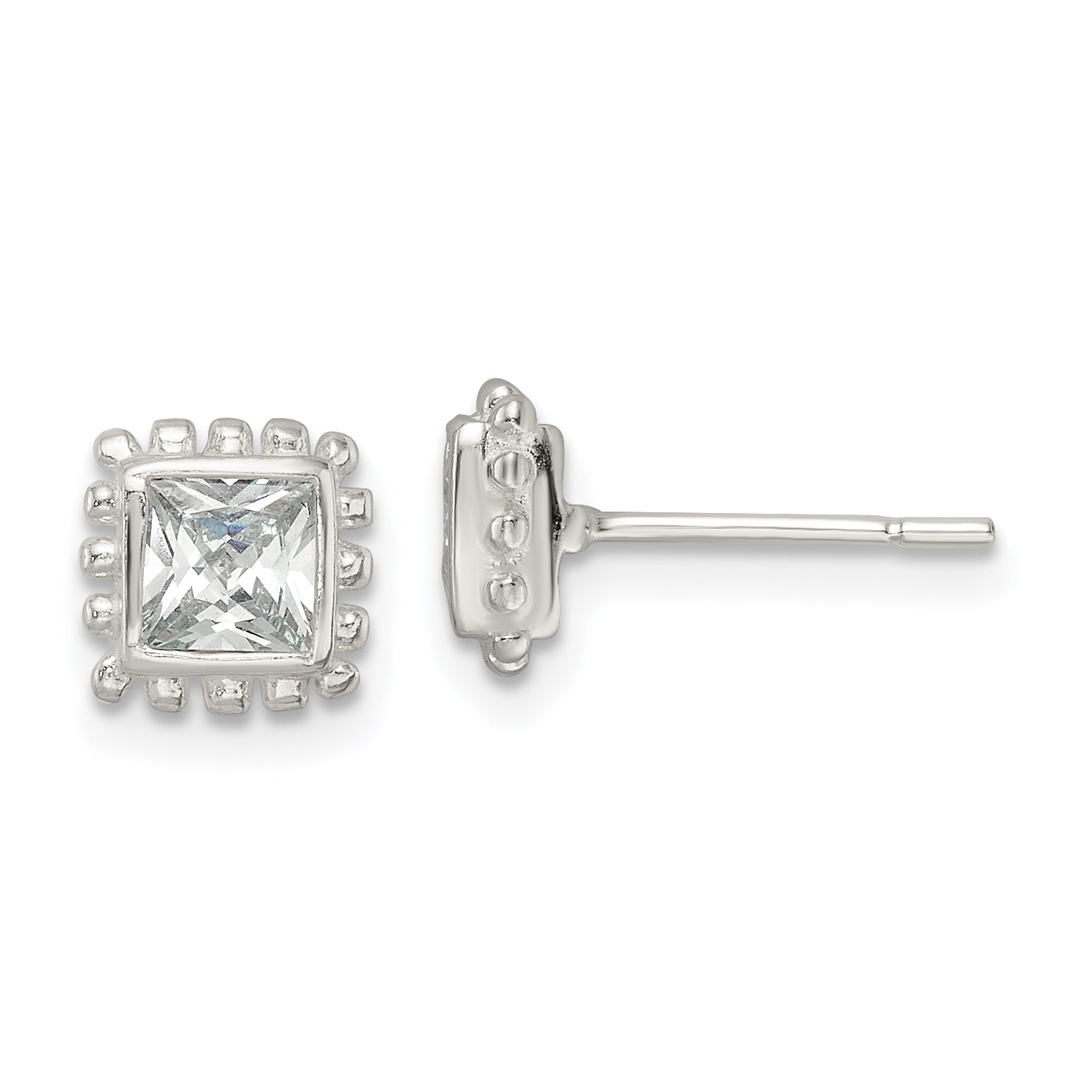 Sterling Silver Polished & Beaded Edge Square CZ Post Earrings