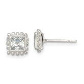 Sterling Silver Polished & Beaded Edge Square CZ Post Earrings