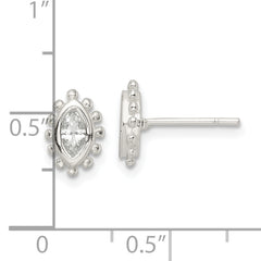 Sterling Silver Polished & Beaded Edge Marquise CZ Post Earrings