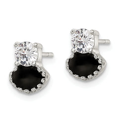 Sterling Silver Polished Black Enamel & CZ Post Earrings