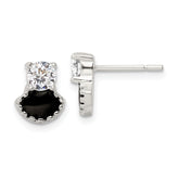 Sterling Silver Polished Black Enamel & CZ Post Earrings