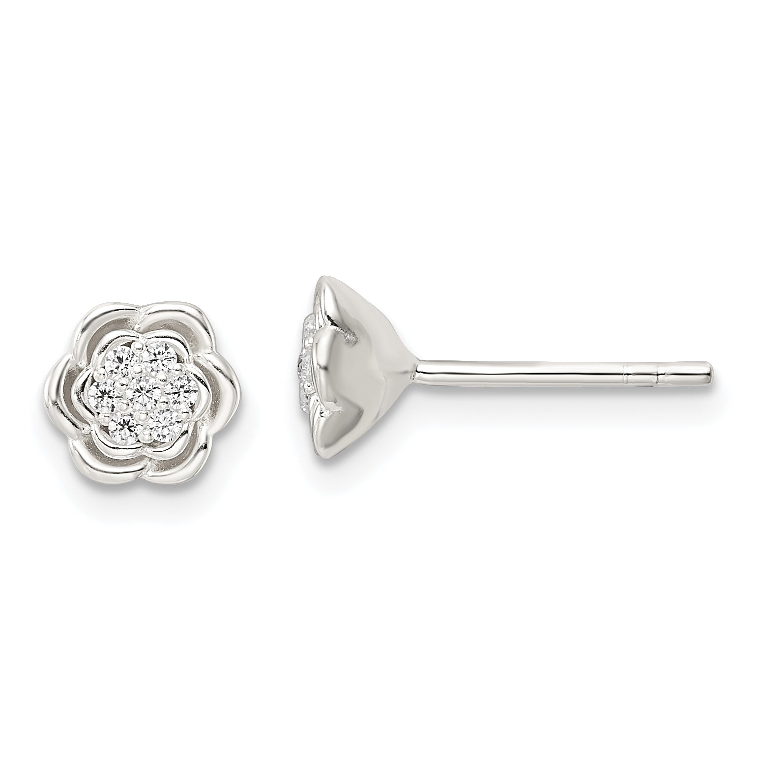Sterling Silver Polished Floral CZ Post Earrings