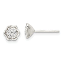 Sterling Silver Polished Floral CZ Post Earrings