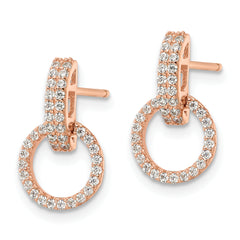 Sterling Silver Rose-tone Polished CZ Circle Post Dangle Earrings