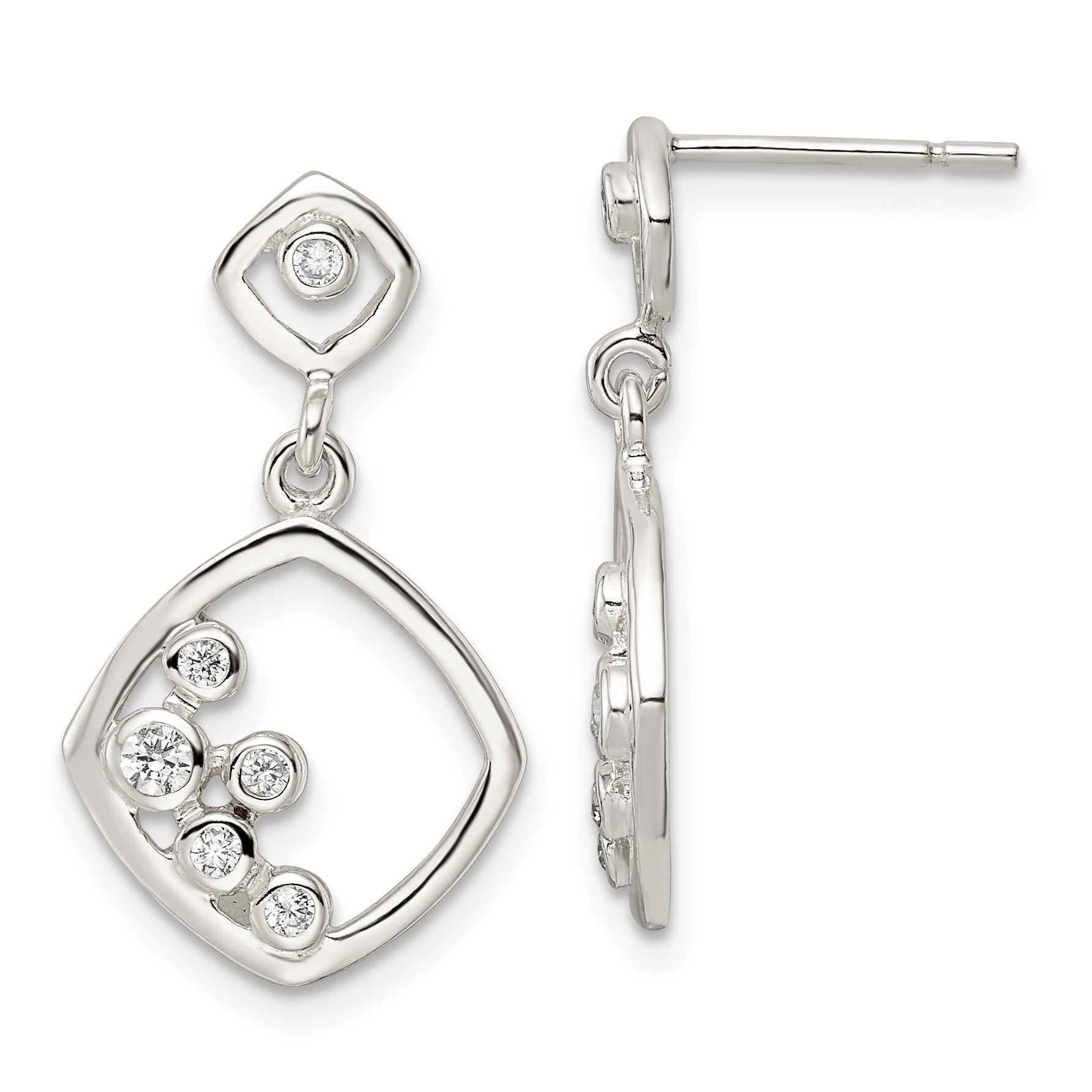 Sterling Silver Polished CZ Square Dangle Post Earrings