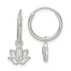 Sterling Silver Polished CZ Dangle Lotus Endless Hoop Earrings