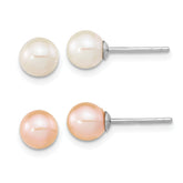 Sterling Silver Rhodium-plated 6-7mm White and Pink Round Freshwater Cultured Pearl Set of 2 Post Earrings