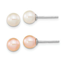 Sterling Silver Rhodium-plated 6-7mm White and Pink Round Freshwater Cultured Pearl Set of 2 Post Earrings