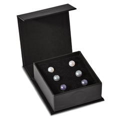 Sterling Silver Rhodium-plated 6-7mm Black, White and Grey Round Freshwater Cultured Pearl Set of 3 Post Earrings